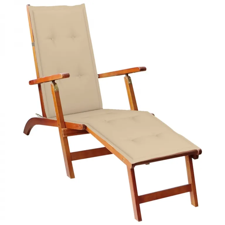 Deckchair Gartenliege Liegestuhl mit Fusttze Auflage beige Massivholz Sonnenliege Holz