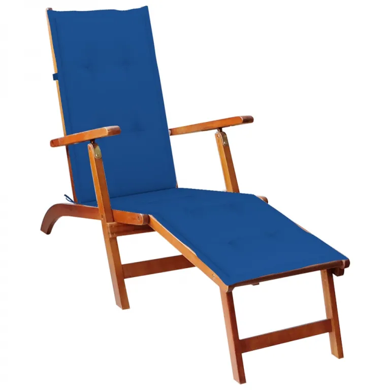 Relaxstuhl Liegestuhl mit Fusttze Akazie Massivholz mit Auflage blau Holz