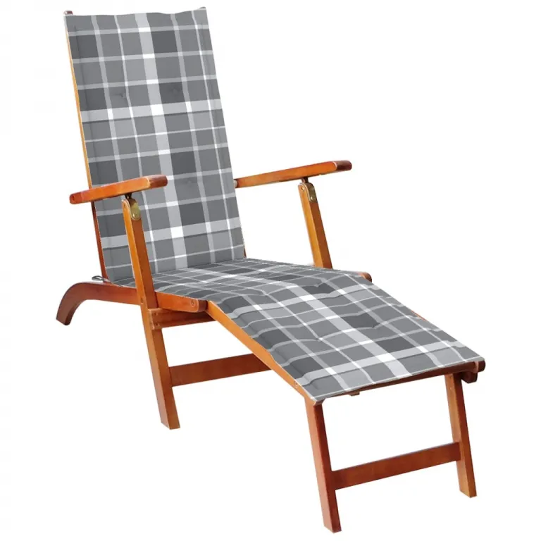 Relaxstuhl Liegestuhl mit Fusttze Akazie Massivholz mit Auflage grau kariert Holz