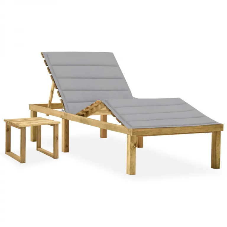 Gartenliege Sonnenliege Holzliege verstellbar mit Tisch Relax Auflage hellgrau
