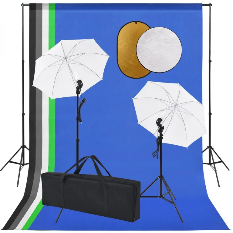 Fotostudio Set mit Lampen Schirmen Hintergrund Reflektor