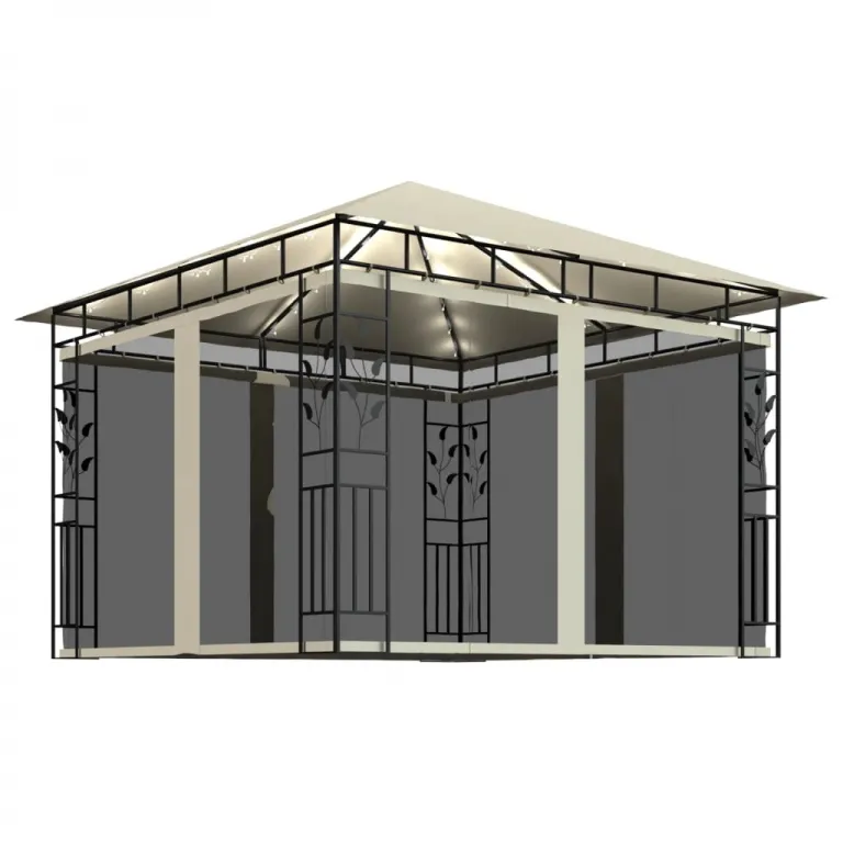 Pavillon Gartenzelt mit Moskitonetz & LED-Lichterkette 3x3x2,73m Cremewei