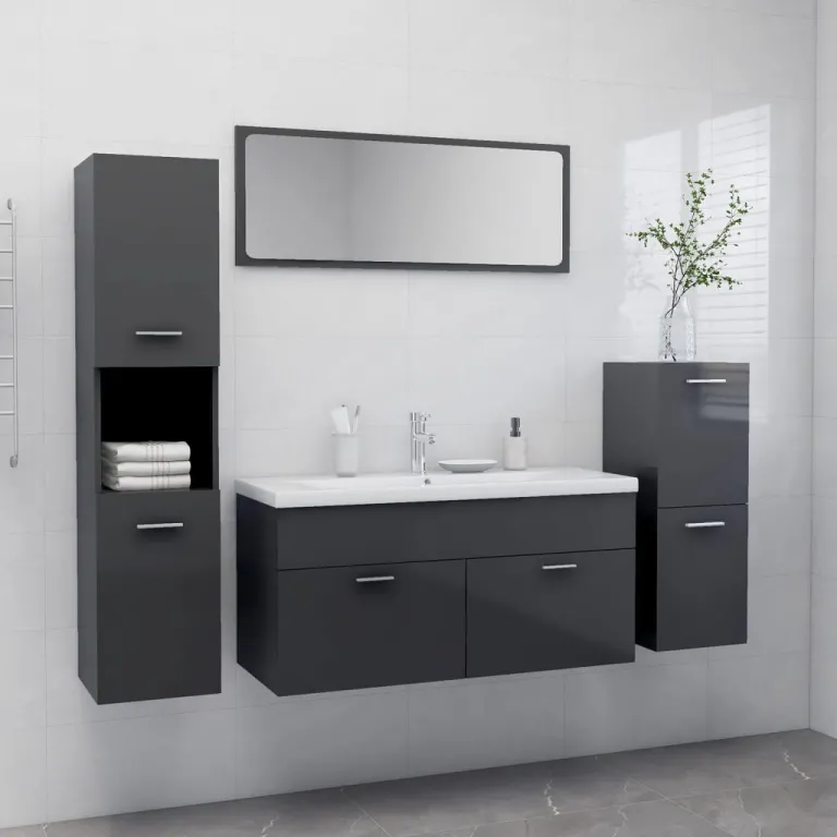 Badmbel-Set Hochglanz-Grau Spanplatte Badezimmer Waschbecken Schrnke