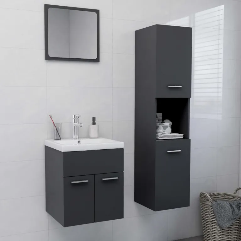 Badmbel-Set Grau Spanplatte Badezimmer Waschbecken Schrnke