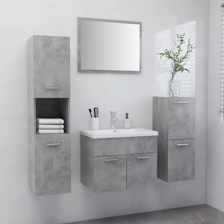 Badmbel-Set Betongrau Spanplatte Waschbecken Waschtisch Schrank Spiegel