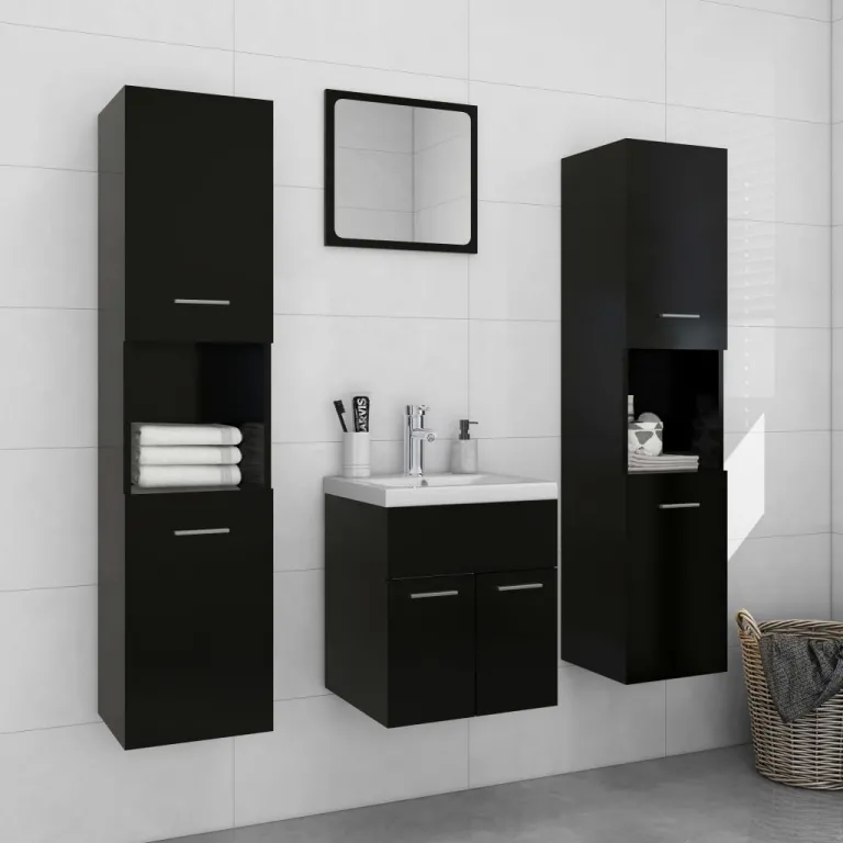 Badmbel-Set Schwarz Spanplatte Badezimmer Waschbecken Schrnke