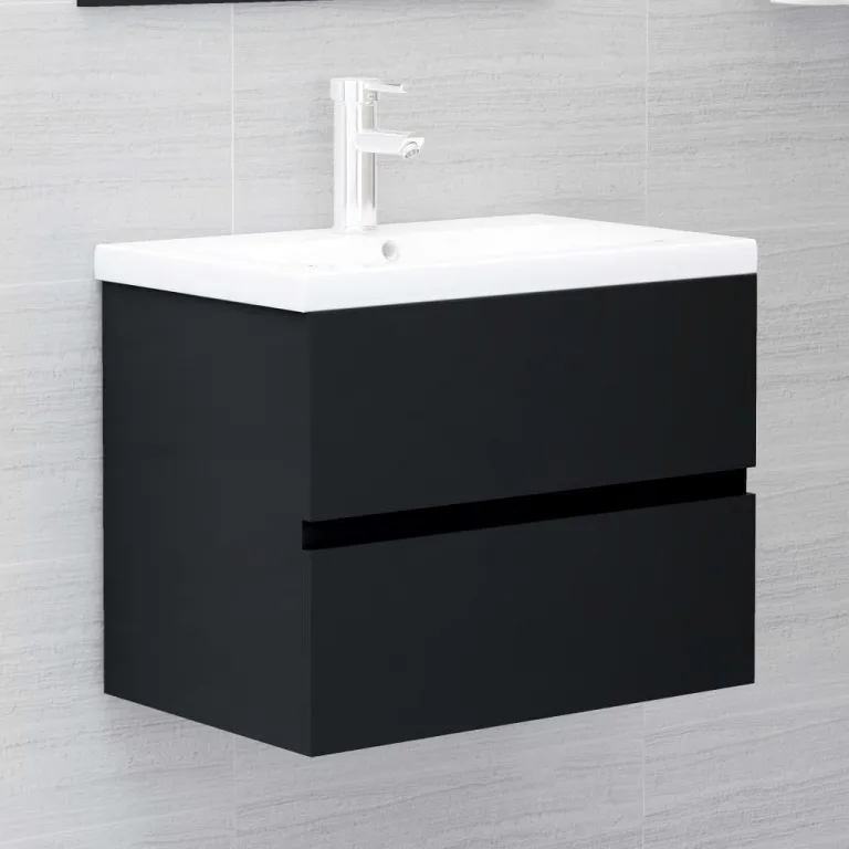 Waschbeckenunterschrank mit Einbaubecken Schwarz Spanplatte 60 cm