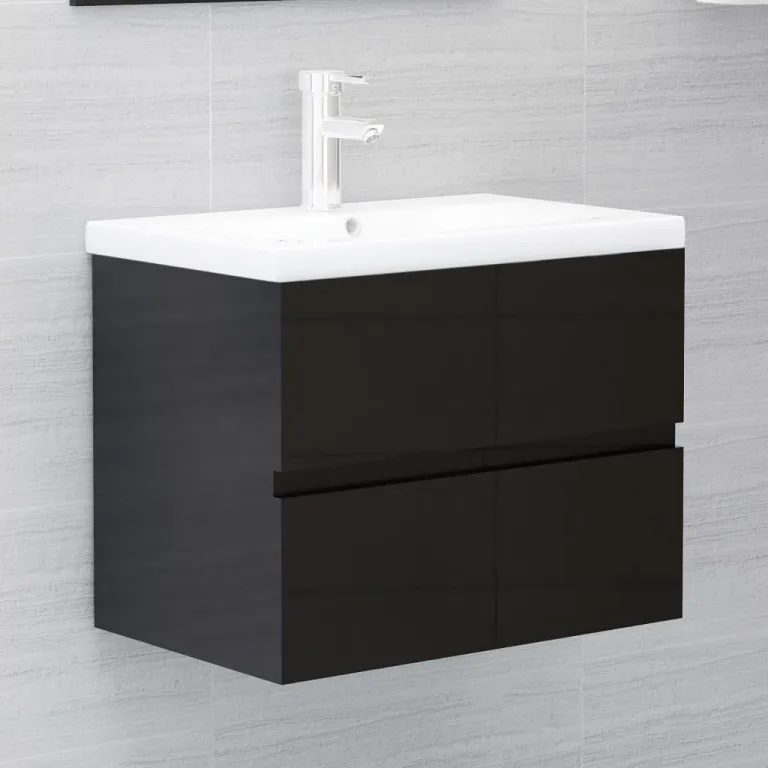 Waschbeckenunterschrank mit Einbaubecken Hochglanz-Schwarz 60 cm