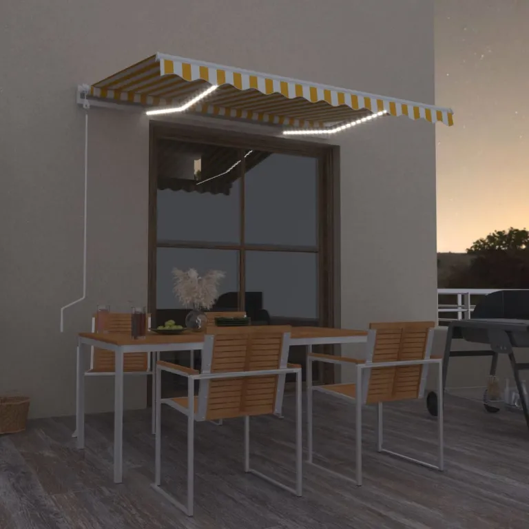 Automatische Markise mit LED & Windsensor 350x250 cm Gelb / Wei Balkon Terrasse