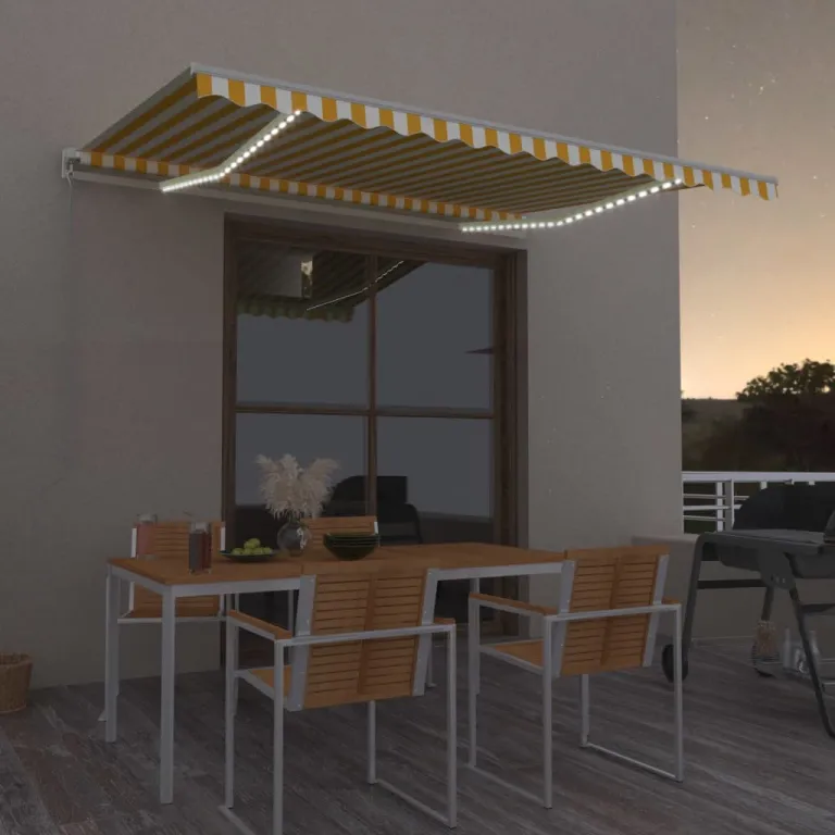Gelenkarmmarkise Einziehbar mit LED 400x350 cm Gelb und Wei Balkon Terrasse