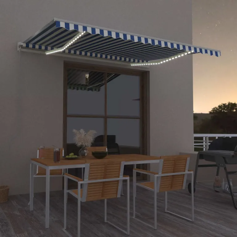 Automatische Markise mit LED & Windsensor 400x350 Blau und Wei Balkon Terrasse