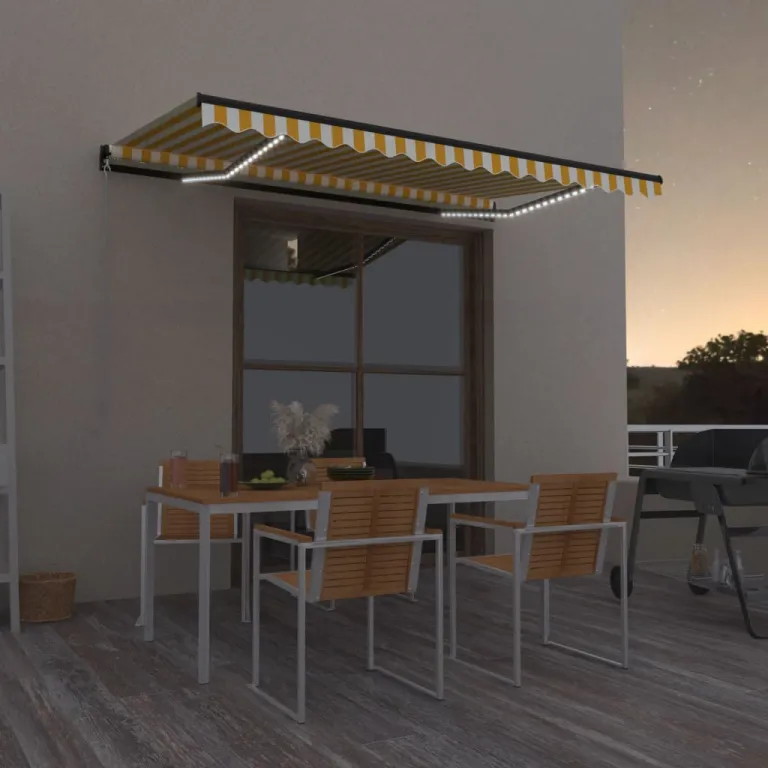 Gelenkarmmarkise Einziehbar mit LED 450x350 cm Gelb und Wei Balkon Terrasse
