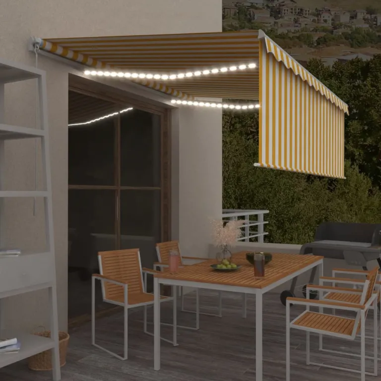 Gelenkarmmarkise Einziehbar mit Volant & LED 4x3 m Gelb & Wei Balkon Terrasse