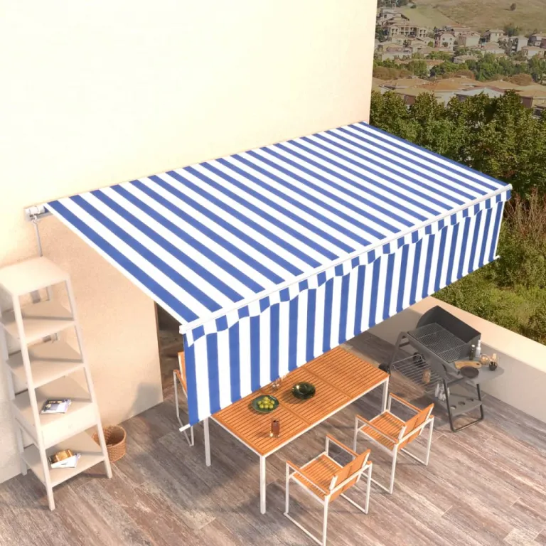 Gelenkarmmarkise Einziehbar mit Volant 6x3 m Blau und Wei Balkon Terrasse