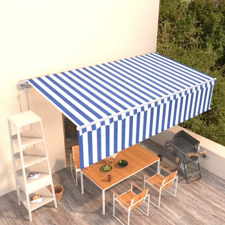 Gelenkarmmarkise Automatisch mit Volant 6x3 m Blau und Wei Balkon Terrasse