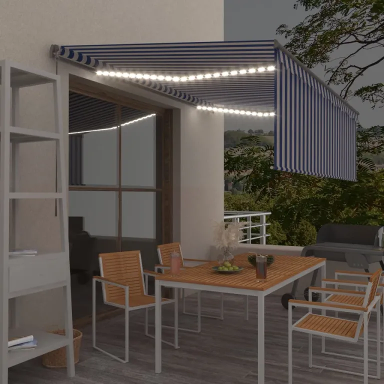 Gelenkarmmarkise Einziehbar mit Volant LED 4x3 m Blau und Wei Balkon Terrasse