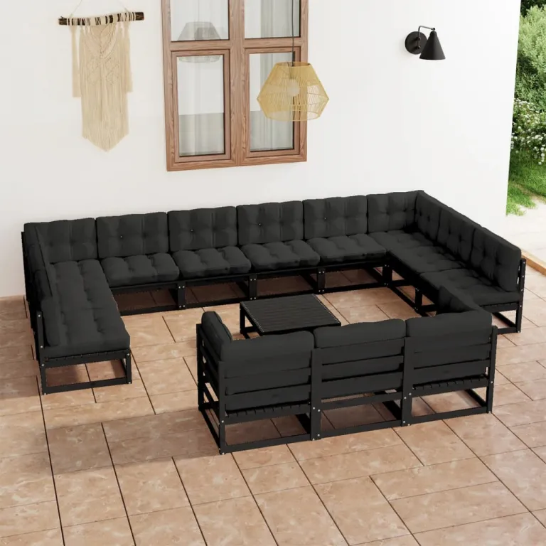 14-tlg. Garten Lounge Set mit Kissen Schwarz Kiefer Massivholz Holz Sitzgruppe Set Loungembel