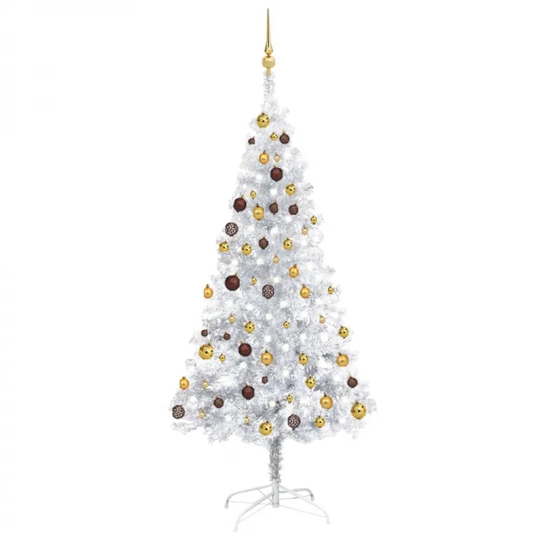 Knstlicher Weihnachtsbaum mit LEDs & Kugeln Silbern 180cm PET