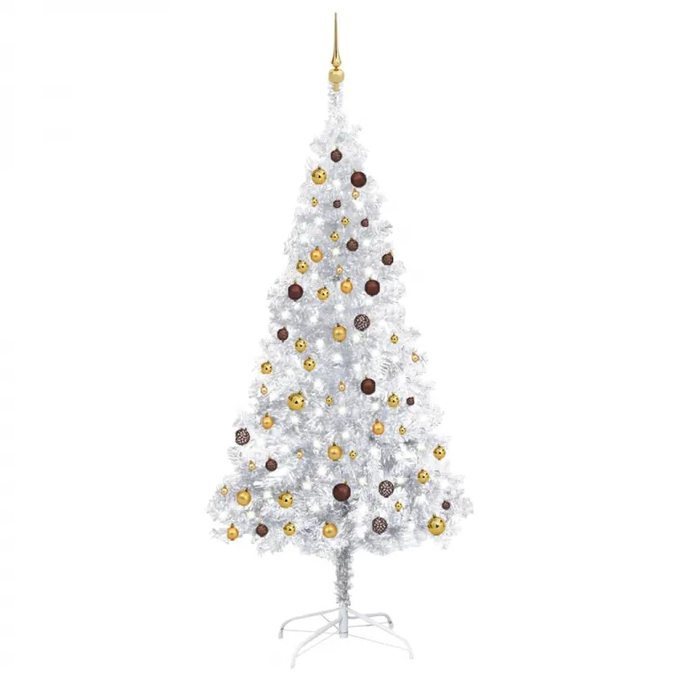 Knstlicher Weihnachtsbaum mit LEDs & Kugeln Silbern 210cm PET
