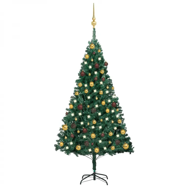 Knstlicher Weihnachtsbaum mit LEDs & Kugeln Grn 150 cm PVC