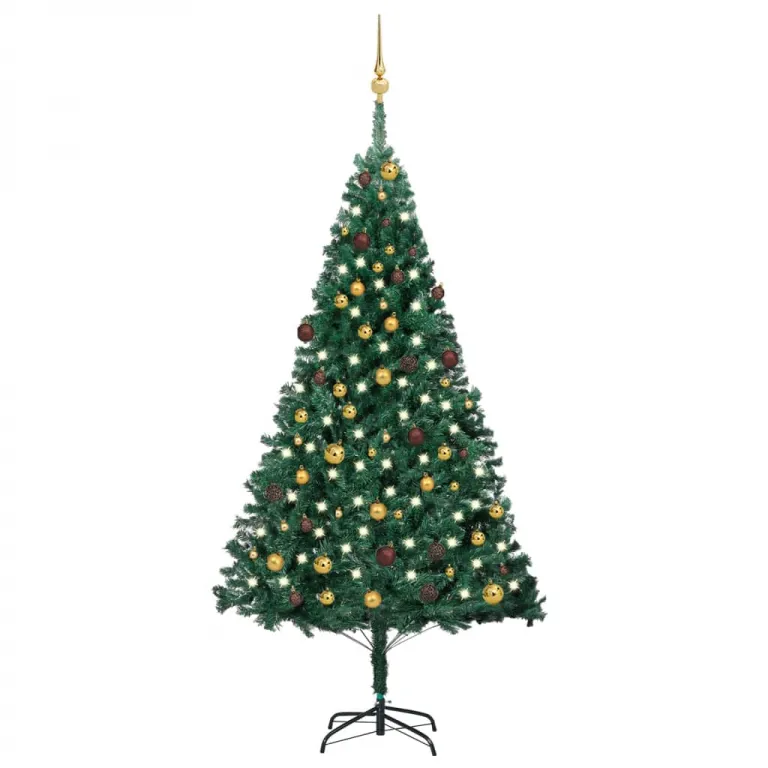 Knstlicher Weihnachtsbaum mit LEDs & Kugeln Grn 210 cm PVC