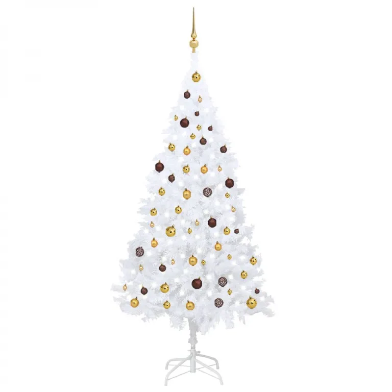 Knstlicher Weihnachtsbaum mit LEDs & Kugeln Wei 210 cm PVC