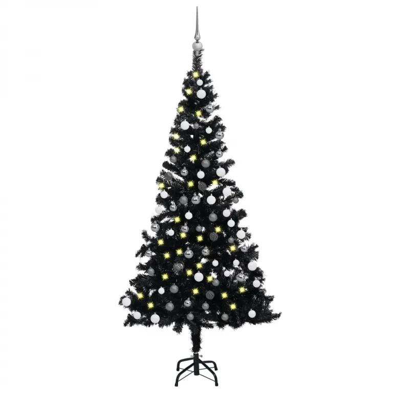 Knstlicher Weihnachtsbaum mit LEDs & Kugeln Schwarz 120cm PVC