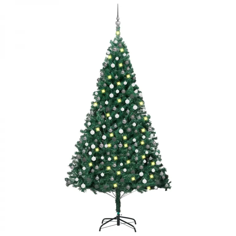 Knstlicher Weihnachtsbaum mit LEDs & Kugeln Grn 210cm PVC