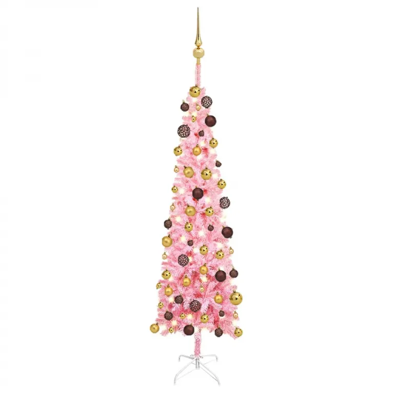 Knstlicher Weihnachtsbaum Schlank mit LEDs & Kugeln Rosa 120 cm Unechter