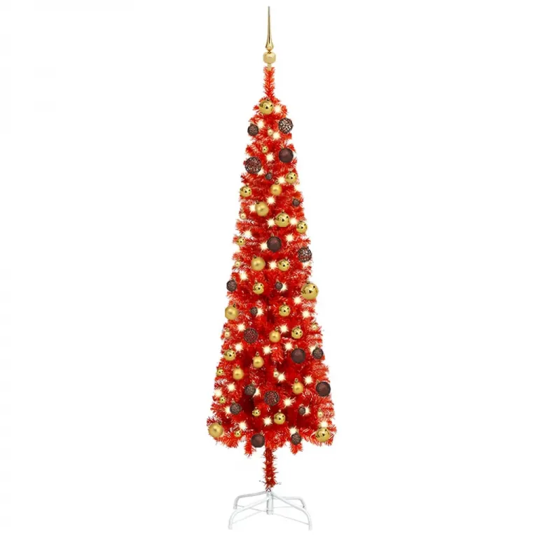 Weihnachtsbaum Schlank mit LEDs & Kugeln Rot 180 cm