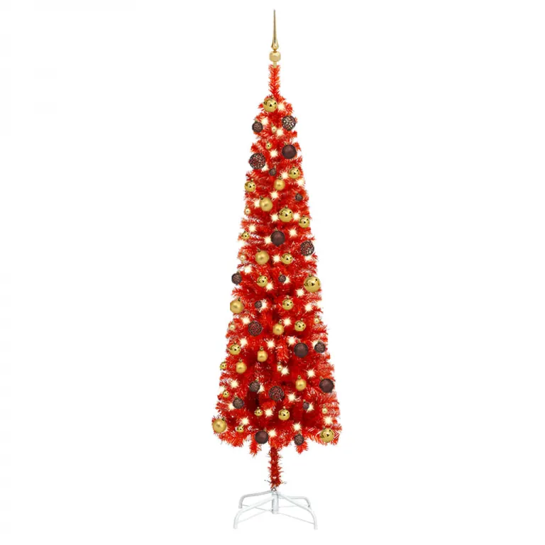 Weihnachtsbaum Schlank mit LEDs & Kugeln Rot 240 cm
