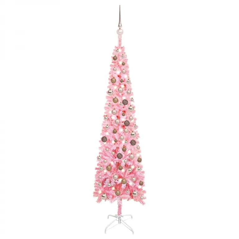 Schlanker Weihnachtsbaum mit LEDs & Kugeln Rosa 180 cm