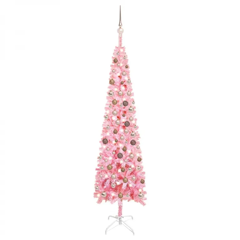 Schlanker Weihnachtsbaum mit LEDs & Kugeln Rosa 210 cm