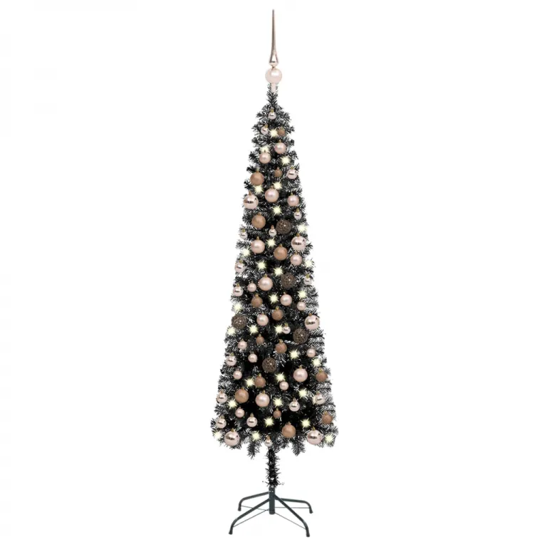 Schlanker Weihnachtsbaum mit LEDs & Kugeln Schwarz 150 cm