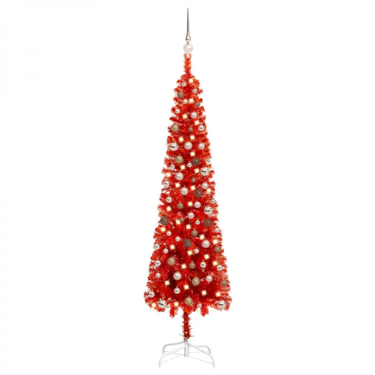 Schlanker Weihnachtsbaum mit LEDs & Kugeln Rot 210 cm