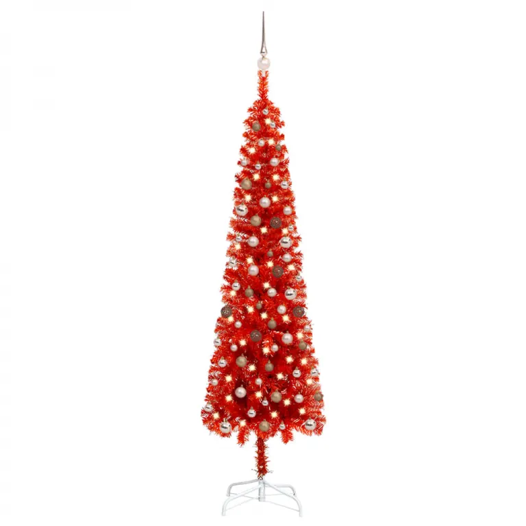Schlanker Weihnachtsbaum mit LEDs & Kugeln Rot 240 cm