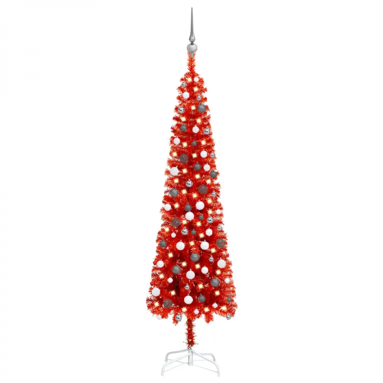 Schlanker Weihnachtsbaum mit LEDs & Kugeln Rot 210 cm