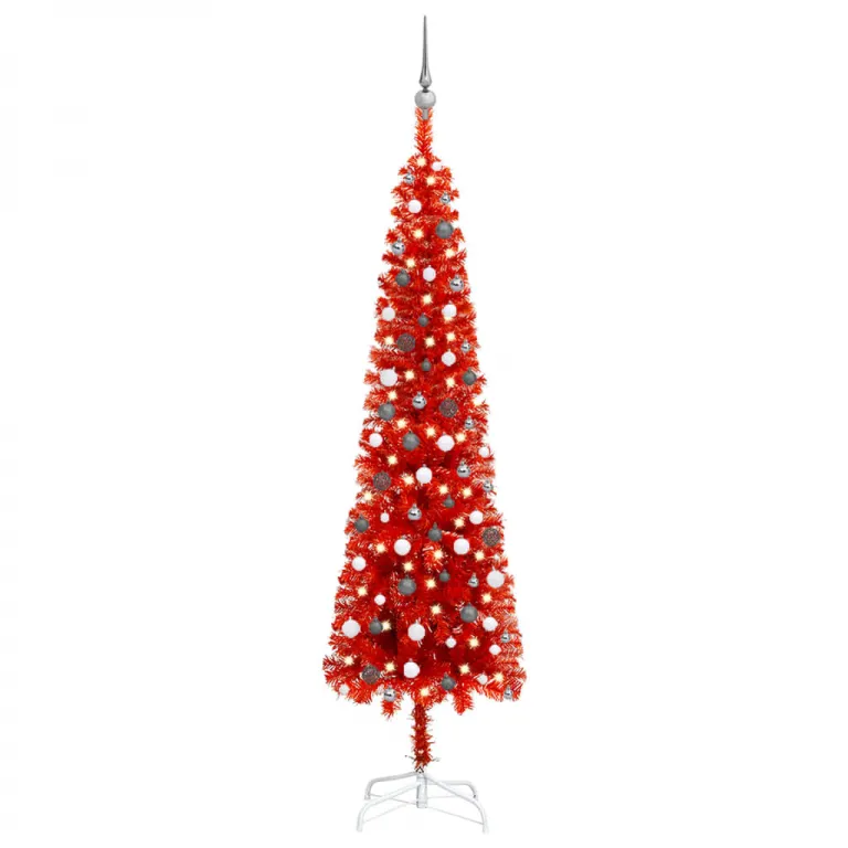 Schlanker Weihnachtsbaum mit LEDs & Kugeln Rot 240 cm