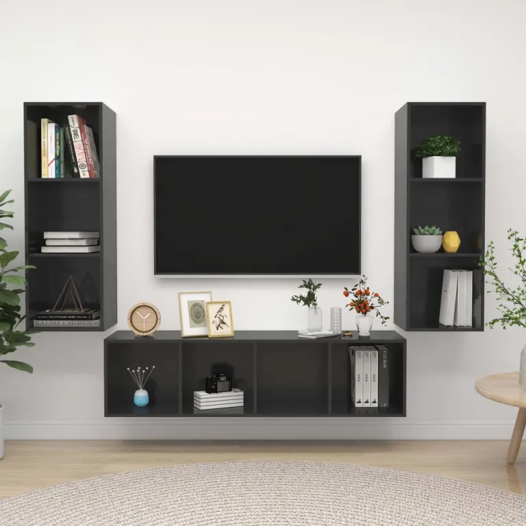 3-tlg. TV-Schrank-Set Hochglanz-Grau Spanplatte