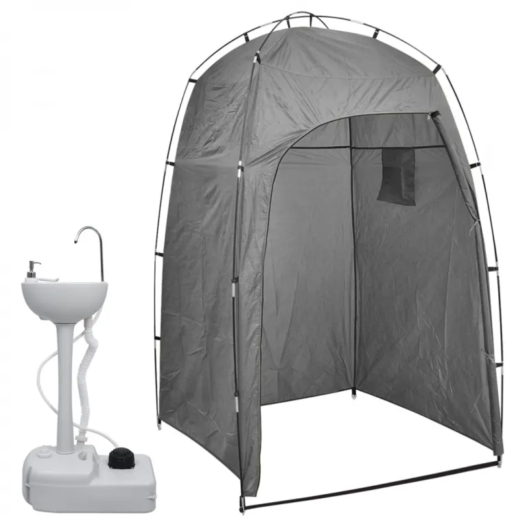 Tragbares Camping-Waschbecken mit Zelt 20 L Toilettenzelt grau