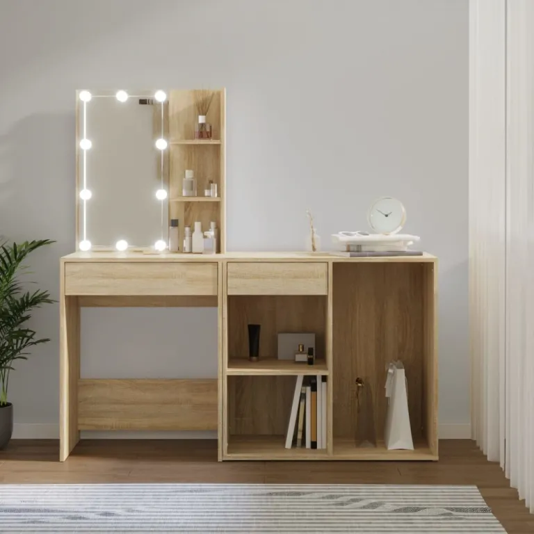 LED-Schminktisch Frisiertisch Beautytisch mit Schrank Sonoma-Eiche Holzwerkstoff