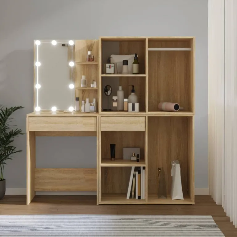 LED-Schminktisch Frisiertisch Beautytisch mit 2 Schrnken Sonoma-Eiche Holzwerks