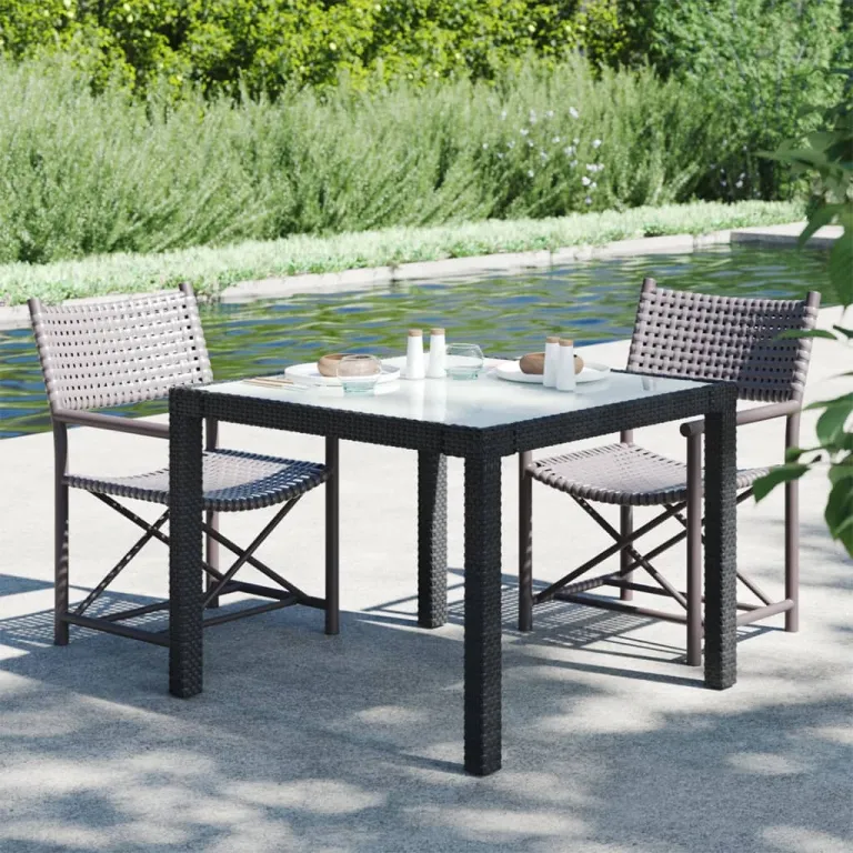 Gartentisch 90x90x75 cm Gehrtetes Glas Polyrattan Schwarz