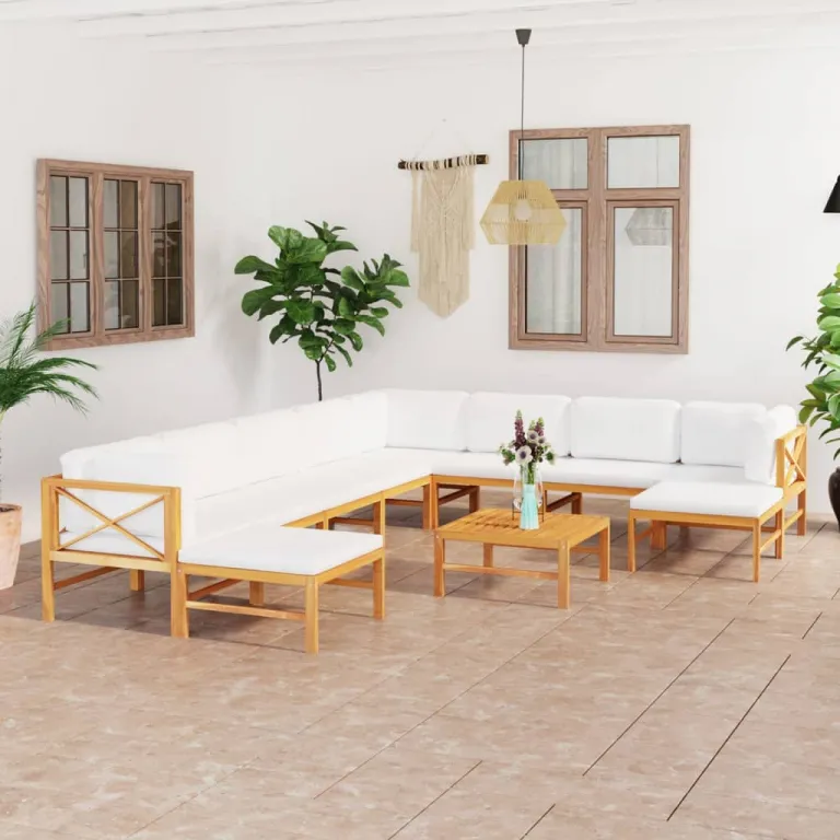 11-tlg. Garten Lounge Set mit Creme Kissen Massivholz Teak Holz Sitzgruppe Set Loungembel