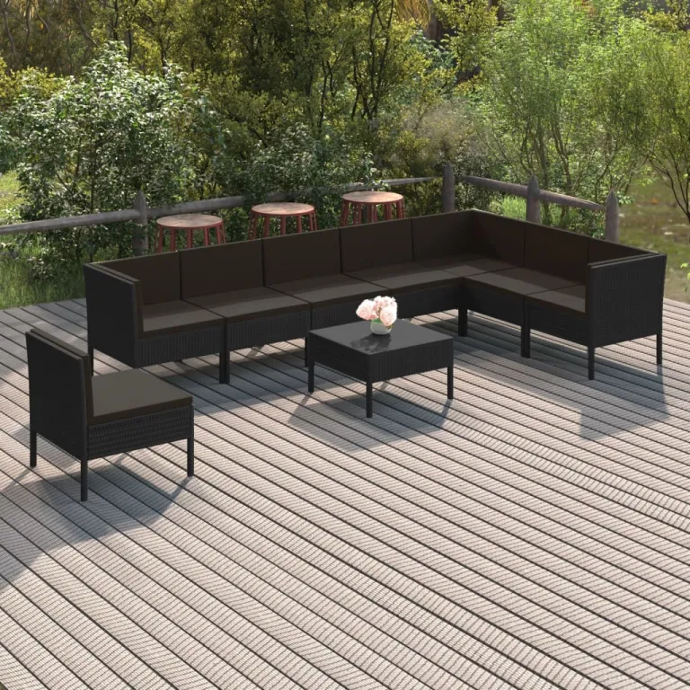 9-tlg. Garten Lounge Set mit Auflagen Polyrattan Schwarz Sitzgruppe Set Loungembel