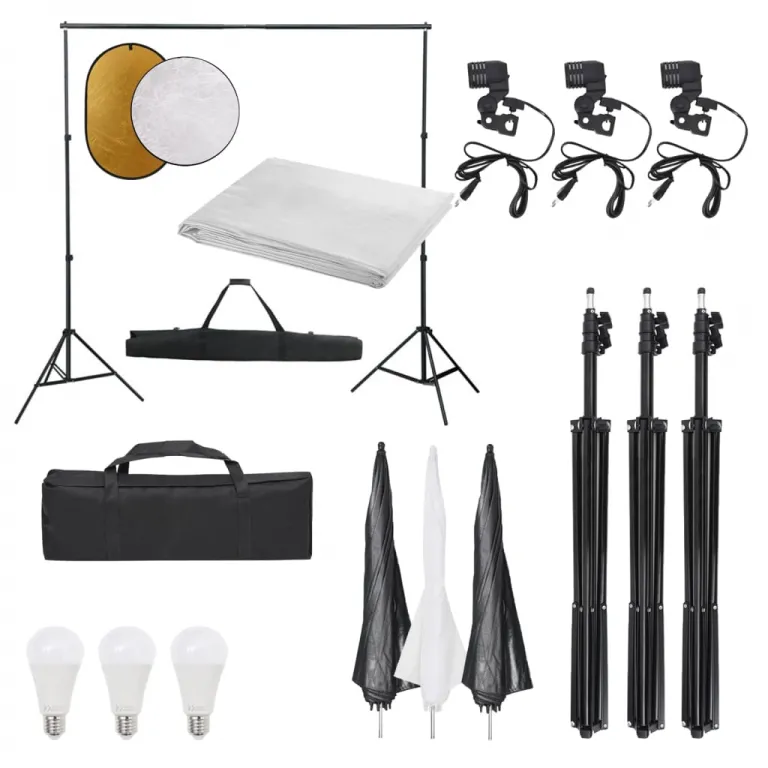 Fotostudio Set mit Beleuchtung Hintergrund und Reflektor