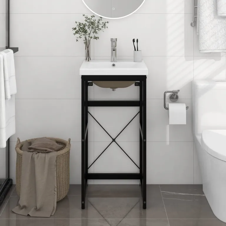 Badezimmer-Waschtischgestell mit Waschbecken Schwarz Eisen 40 cm
