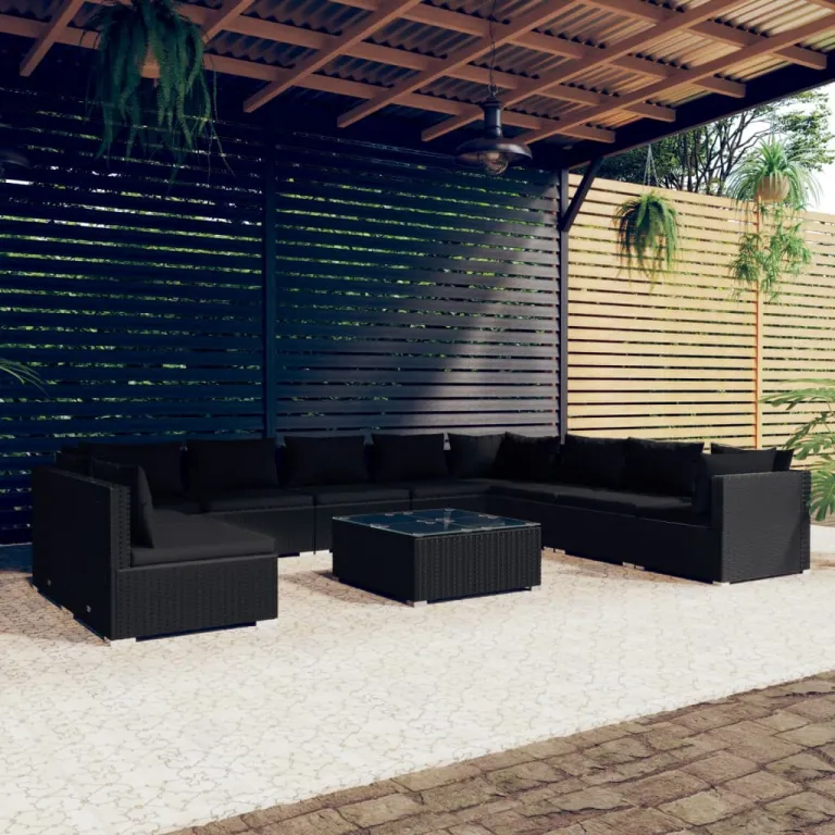 11-tlg. Garten-Lounge-Set mit Kissen Schwarz Polyrattan