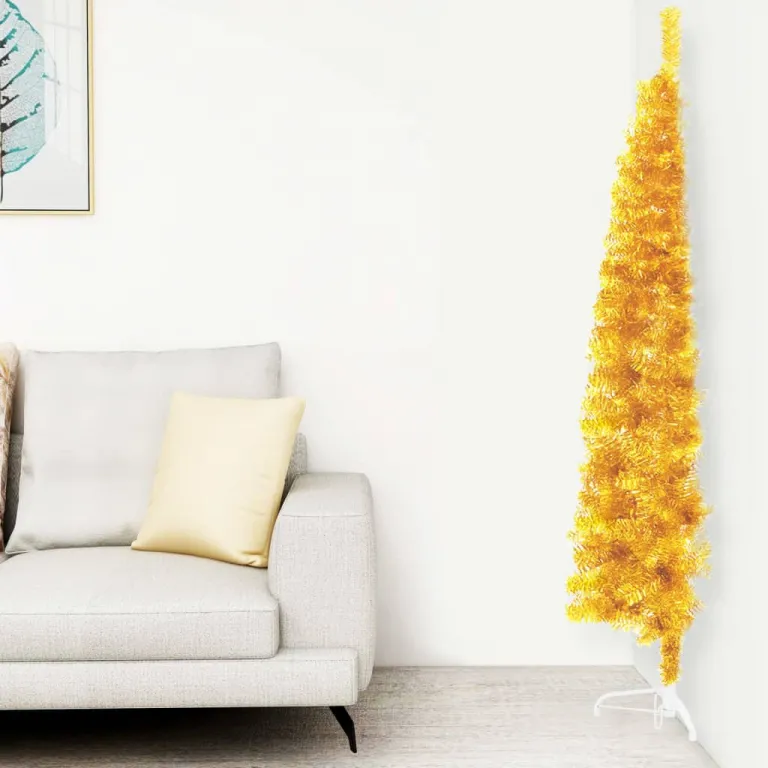 Knstlicher Halb-Weihnachtsbaum mit Stnder Schlank Gold 150 cm Wand Anstellen
