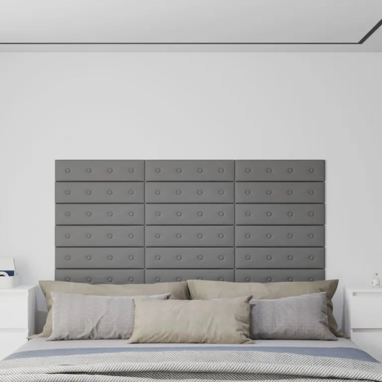 Wandpaneele 12 Stk. Grau 60x15 cm Kunstleder 1,08 m Bett Schlafzimmer Kopf